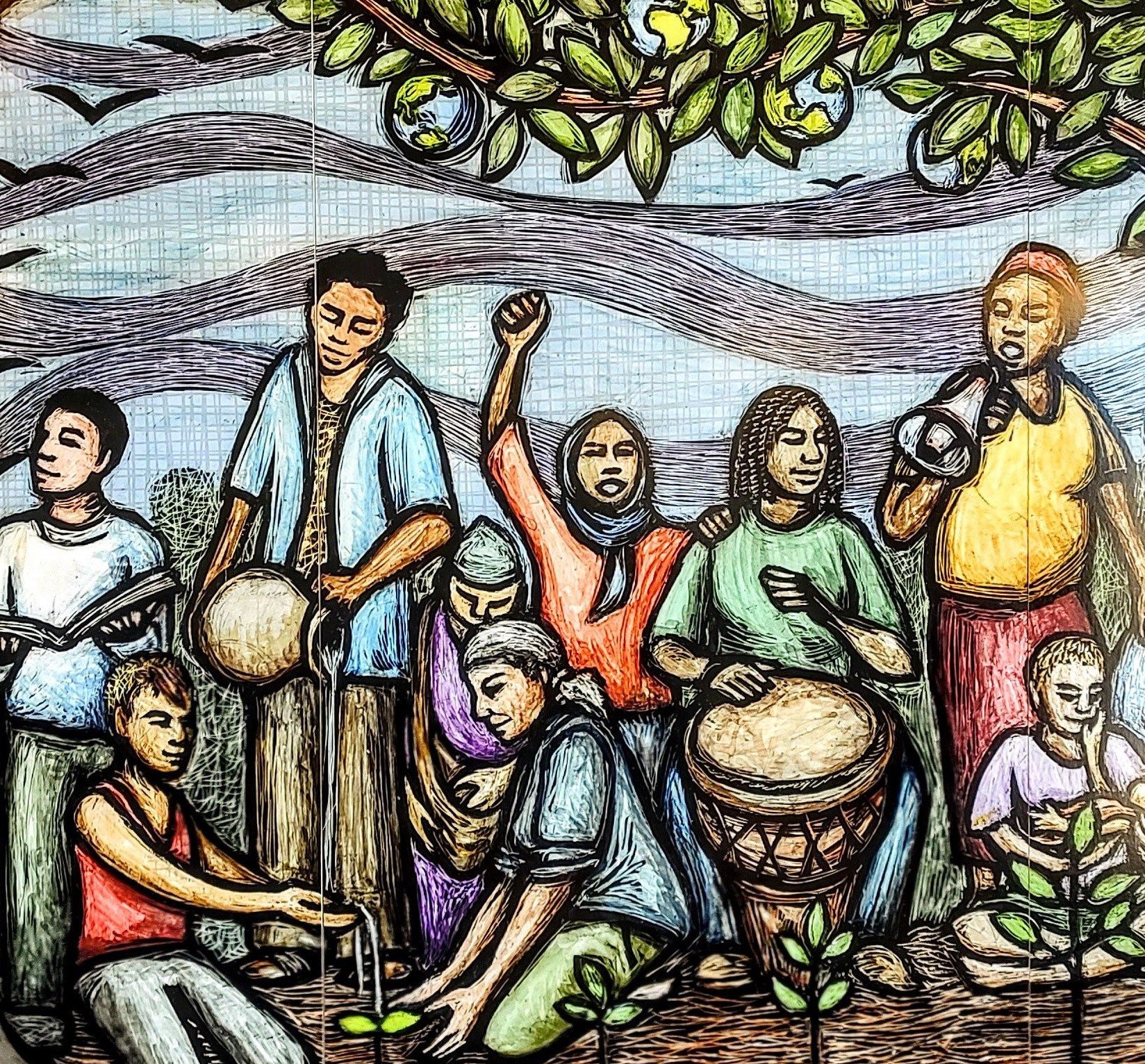 mural of people under tree