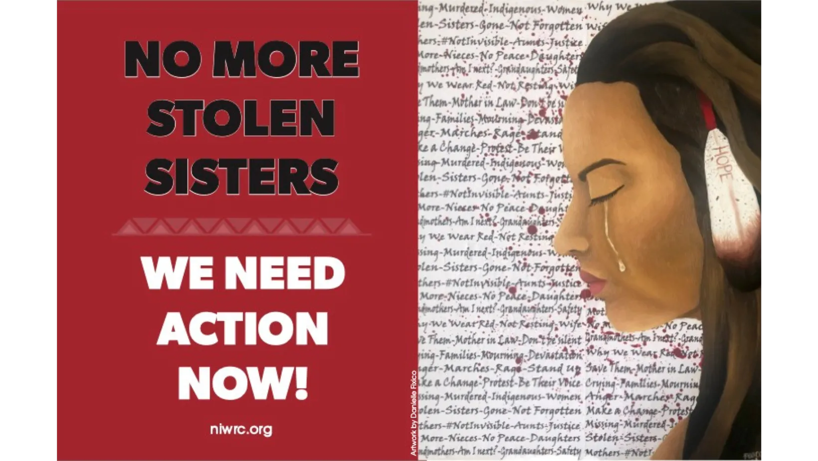 niwrc.org banner with the text "No More Stolen Sisters, We Need Action Now!" And a Native American Women to the right.